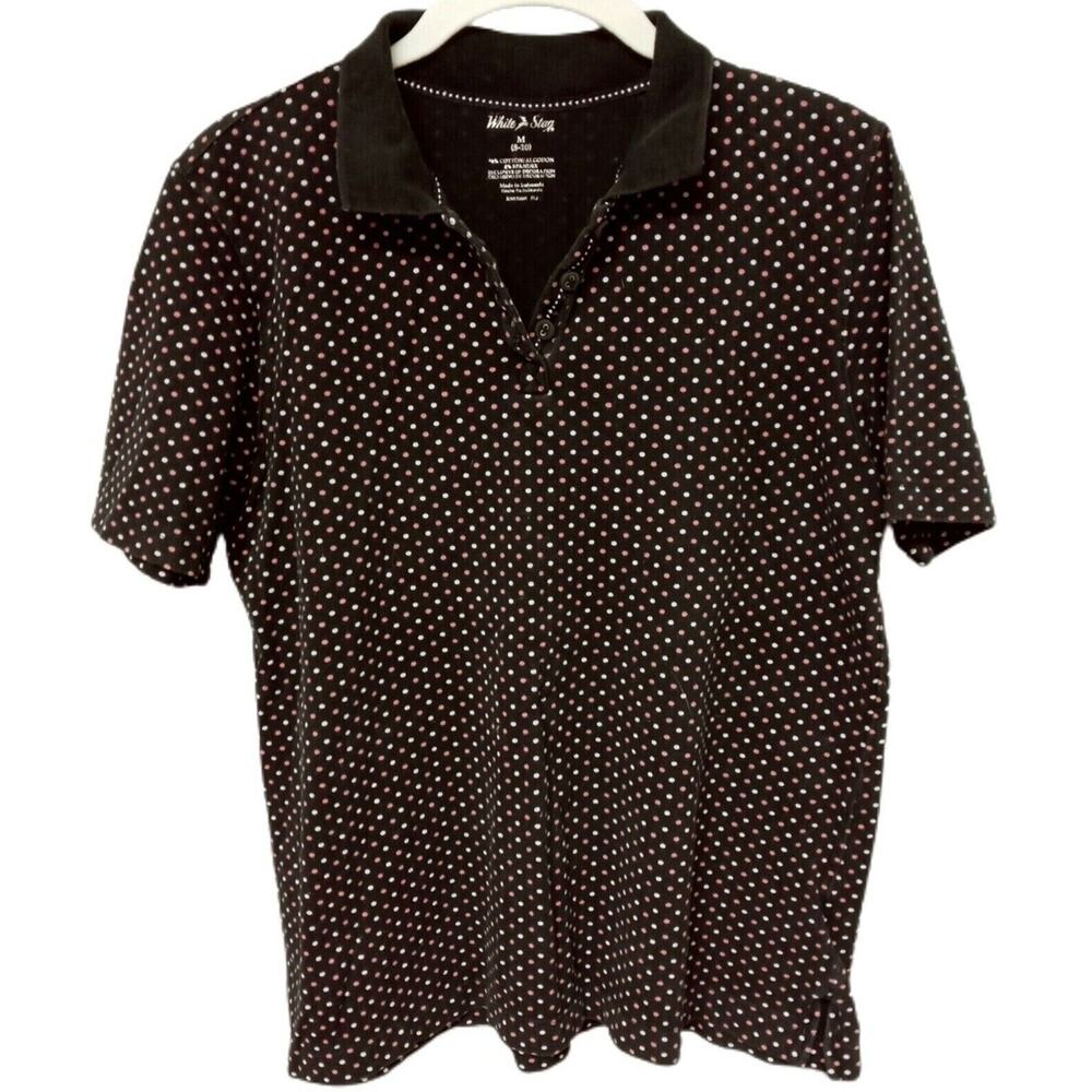⚫🩷Womens Polka Dot Black Pink Polo M 8-10 Short Sleeve White Stag